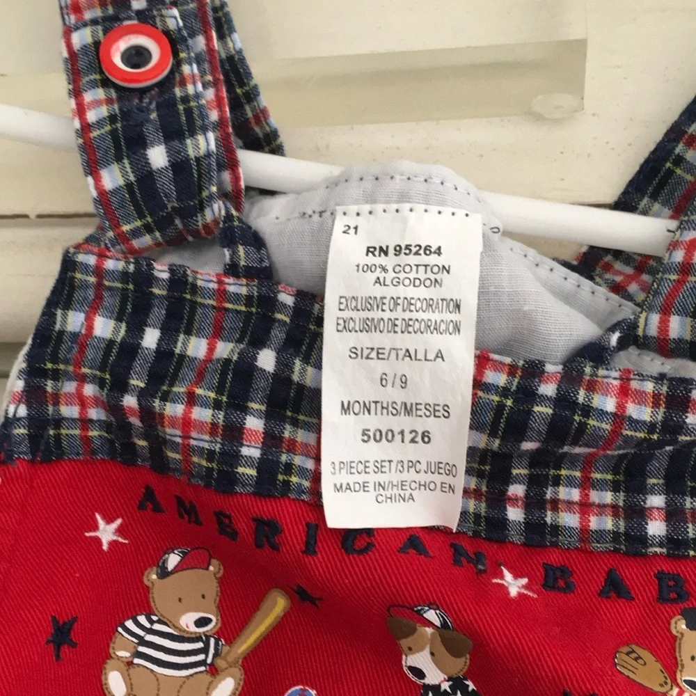American Baby Classic Red/Blue Plaid Overalls Baseball Theme Size 6-9 Months